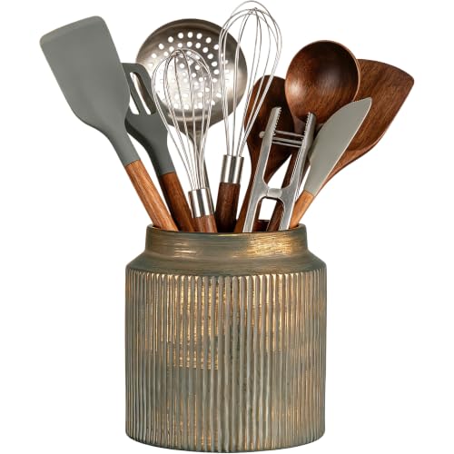 Brasselx rustic utensil holder, ceramic vintage kitchen utensil holder on a white background.