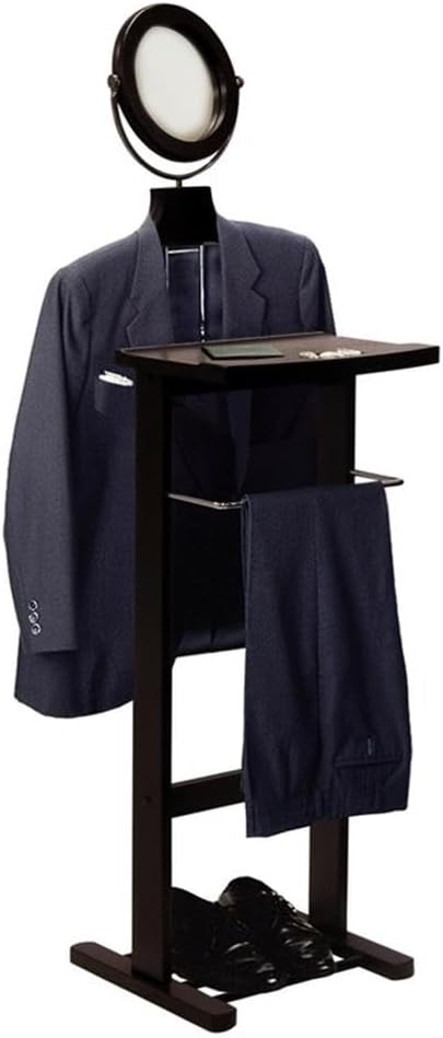 Pemberly Row Transitional Solid Wood Valet Stand with Mirror, Espresso Finish, 55.59" H, Coat Hanger, Trouser Rod, Tray, Shoe Rack, Round Mirror, Multi-Functional Bedroom or Dressing Room Organizer