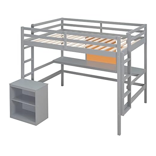 Lifeand Full Size Loft Bed with Desk and Writing Board, Wooden Loft Bed with Desk & 2 Drawers Cabinet,Gray