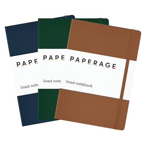 Image of PAPERAGE Lined Journal Notebook, 3 Pack, (Cognac, Dark Green, Navy), 160 Pages, Medium 5.6 in x 8 in - 100 GSM Thick Paper - Hardcover Journaling Notebook for Work, School & Note Taking