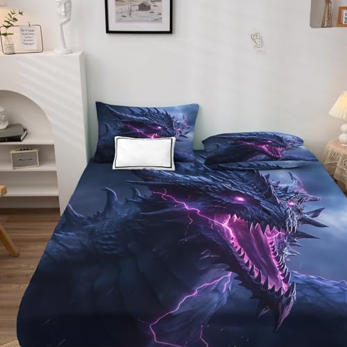 Drap Housse 140x190 Dragon, Housse de Matelas 140x190 Fantaisie Motifs, Draps Housses Microfibre Bonnet 35 cm pour Matelas Epais avec 2 Taies D'Oreillers...