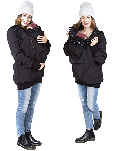 Viva la Mama Tragejacke Rückentrage Baby hinten und vorn tragen Regenjacke Windjacke Softshell Mantel Umstandsjacke - AVENTURIS schwarz Punkte - S
