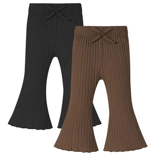 2 Pack Toddler Baby Girl Pants Flare Leggings Soft Ribbed Elastic Bow Waist Solid Infant Girl Ruffle Bell Bottoms