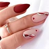 Nails Red Press on Nails Medium Almond Heart Fake Nails Matte False Nails with Line Design Nude Pink Glue on Nails Glossy Acrylic Nail Full Cover Stick on Nails for Women 24 Pcs