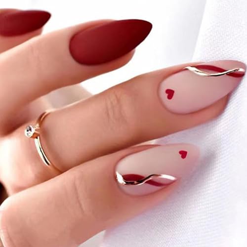 Nails Red Press on Nails Medium Almond Heart Fake Nails