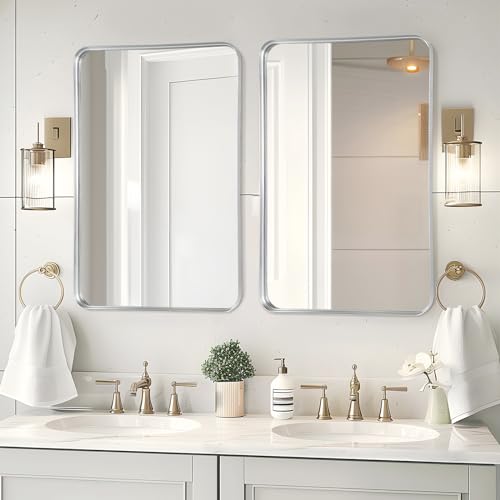 Fabuday Bathroom Wall Mirror Rectangle - 36x24 Inch Large Over Sink Framed Mirror Silver, Rectangular Brushed Mirror Hanging for Bedroom, Restroom, Living Room, Entryway Decor