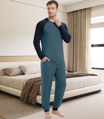 Image of NACHILA Mens Pajamas Set Long Sleeve Henley Sleepwear Top Soft Jogger Pants Pajamas Cool Pjs Set,Viscose Made from Bamboo
