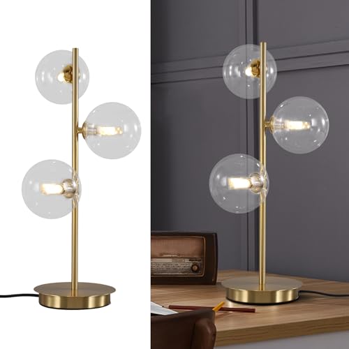 Image of Mid Century Globe Table Lamp, Modern 3 Lights Gold Desk Lamp, Contemporary White Glass Globe Reading Lamp for Bedroom Living Room Study Room