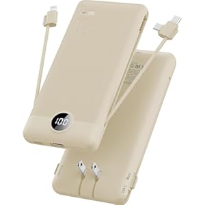 Portable Charger Built-in Cables and AC Wall Plug, USB C Power Bank 10000mAh, Travel Battery Portable Phone Charger Compact Lightweight External Battery Pack for Smart Phones, Tablets etc-Light Coffee