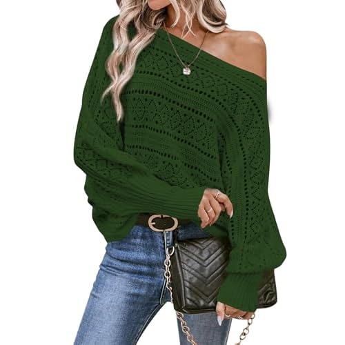 Cakulo Womens Off Shoulder Sweater Top Fall Outfits Fashion 2025 Oversized Knit Batwing Long Sleeve Crochet Pullover Sweaters