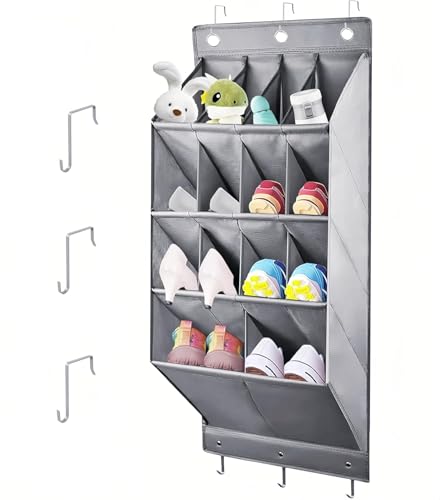 LJEC Rangement Chaussures Suspendu avec 14 Poches Profondes Et 6 Crochets, Porte Chaussures Mural, Organiseur, Noir Tissu en Lin,Rangement Camping Car pour...