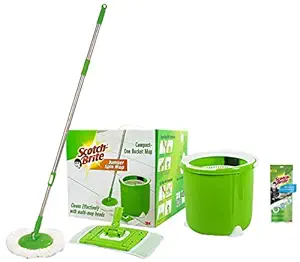 Scotch-Brite Jumper Spin Mop with Round and Flat Heads with Refill & Kitchen Fabric Scrub Cloth (Pack of 1)(Colour May Vary) (Green/Purple) Combo