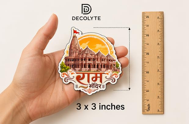 Image of Ram Mandir Theme Wooden Fridge Magnet Souvenir | 3x3 in Kitchen Home Decor Gift