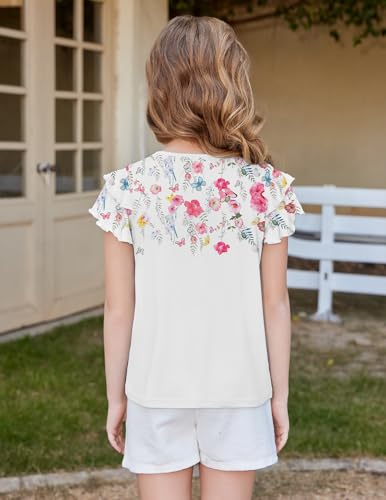 Image of Arshiner Girls T Shirts Ruffle Short Sleeve Summer Pleated Crewneck Casual Tops Tees Blouses