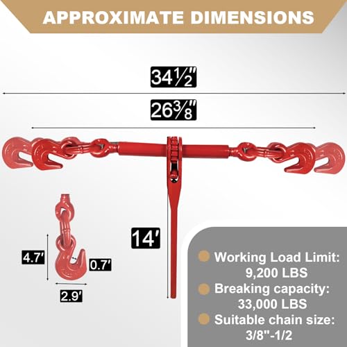 Image of AAIN 3 /8 inch-1 /2 inch Ratchet Chain Binder with 3 /8 Inch x 10 Foot Tow Chain | Heavy Duty 9,200 LBS Safe Working Load | Tie Down Hauling Chains Binders for Flatbed Truck Trailer | 2 Set