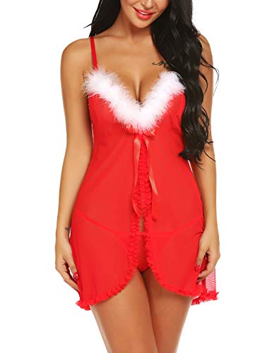 AGFAN Christmas Lingerie for Women Santa Lace Babydoll Dress Sexy Chemise Nightie Outfit Red XXL