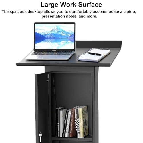 Podium Stand with Wheels, Heavy Duty Podium with Wheels & Storage, Rolling Podium for Teachers withSlanted Desktop, Black Metal Podium for Classroom -Lecterns & Podiums Church