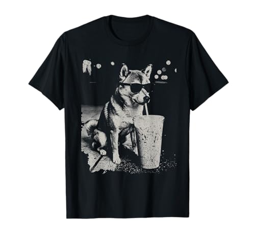 Shiba Inu Beber Café Helado Divertido Animal Perro Meme Humor Camiseta