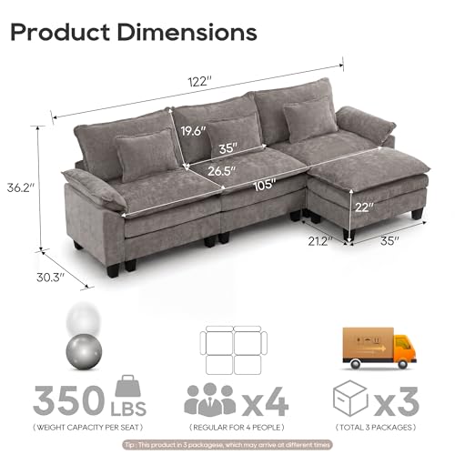 Image of URRED Oversized Modular Sectional Sofa,Gray:122 inch L Shaped