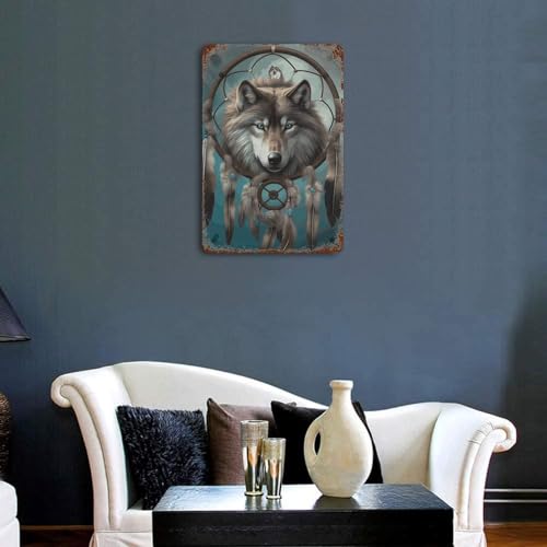 Tableau loup attrape-rêves en relief métal déco murale durable