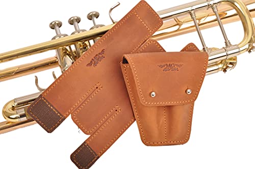 MG Leather Work Trumpet Valve Guard Genuine Leather of protection and comfort (Guard+Pouch Double, Light brown) - Thumbnail 3
