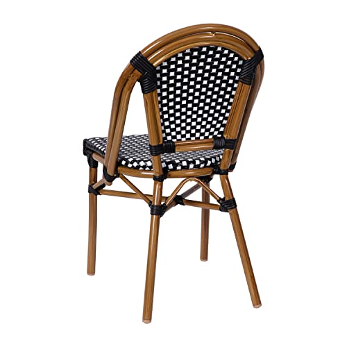 Flash Furniture Bordeaux Set of 2 Indoor/Outdoor Commercial Bistro Stack Chairs - Black/White PE Rattan Back and Seat - Natural Bamboo Print Aluminum Frame by Flash Furniture - Image 9