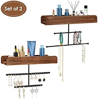 FTLL Hanging Jewelry Organizer Wall Mounted 2 Pack, Rustic Makeup Organizer, Wood Jewelry