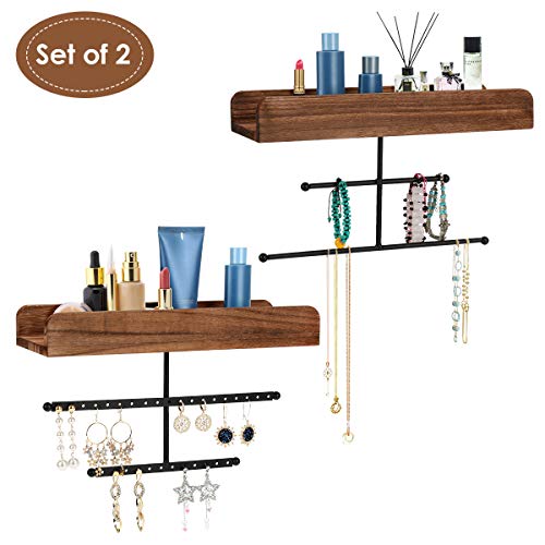 FTLL Hanging Jewelry Organizer Wall Mounted 2 Pack, Rustic Makeup Organizer, Wood Jewelry