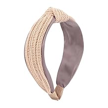 Statement Fashion Headband - Hair Accessories Bow Criss Cross Tie, Turban Fabric Wrap Bohemian Top Knot, Faux Pearl, Rattan Straw, Plaid, Gingham Knitted Knot Headband - Beige