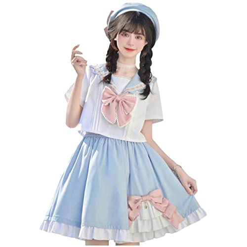 Ensemble 2 pièces de costume japonais Lolita à manches courtes et nœud papillon pour adolescentes, bleu, 36 Cover