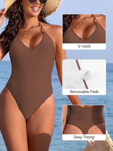 SHEKINI Einteiliger Badeanzug Damen V-Ausschnitt Neckholder Lace-Up Rückenfreier Badeanzug Ruched Back High Cut Sexy Tanga Monokini Bademode Swimsuit-5