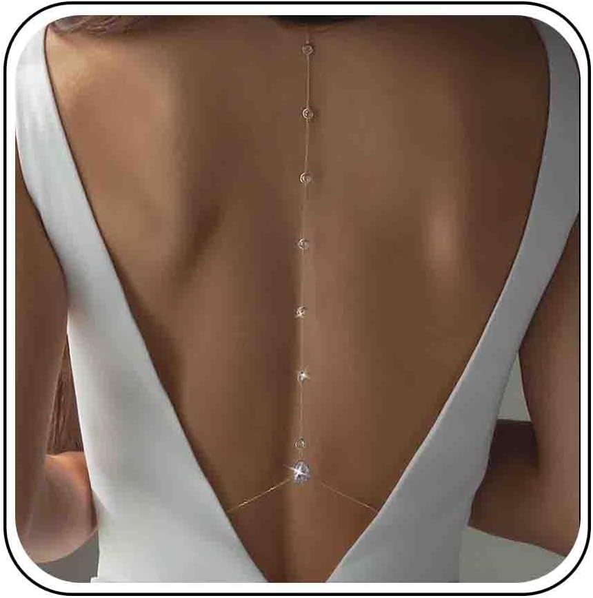 Wedding Back Necklace for Backless Dress Gold Silver Cz Bridal Backdrop Necklace Choker Rhinestone Teardrop Brides Back Body Chain Sparkly Crystal Diamond Long Drop Y Lariat Pendant Bridesmaid Women