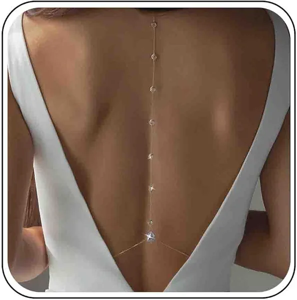 Wedding Back Necklace for Backless Dress Gold Silver Cz Bridal Backdrop Necklace Choker Rhinestone Teardrop Brides Back Body Chain Sparkly Crystal Diamond Long Drop Y Lariat Pendant Bridesmaid Women