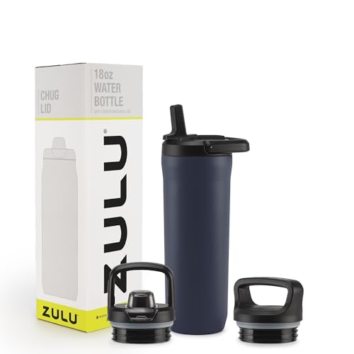 Image of ZULU Base 18oz Kids Stainless Steel Water Bottle with 3 Lids- Straw, Chug, Twist | Double Walled and Vacuum Insulated Metal Thermos | Fits Car Cupholder, Built in Carry Loop, Dishwasher Safe, Navy