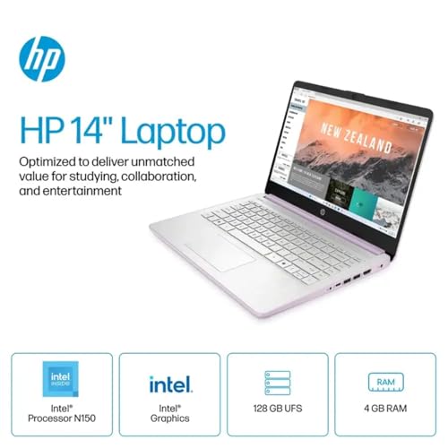 Image of HP 14 Ultra-Light Laptop for Student & Home (14 inch LED, 1-Year Office 365, Intel 4-Core N150 (>N4120), 4GB RAM, 128GB Storage + 128GB SD Card), Long Battery Life, Fast Charge, Webcam, Win 11 S, Lavender