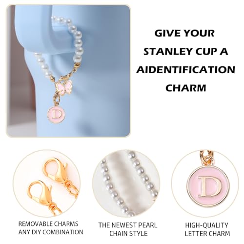 Image of Accessories for Stanley Cup Pearl Chain Initial Accessoriess for Handle Stuff Decor Water Bottle Jewelry Tumbler Cute Simple Modern Personalized Name ID Decorations Letter Pink Tag D