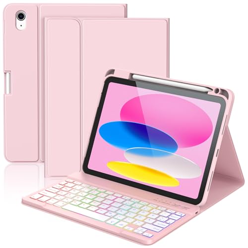 KBCASE Hülle mit Tastatur für iPad A16 11/10 Generation(11 Zoll 2025/10.9 Zoll 2022) 7 Farbige Beleuchtete Magnetische Abnehmbare Keyboard für iPad 11./10.Gen mit Stifthalter Rose Gold