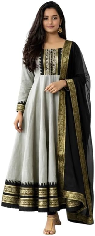 White hill enterprises Elegants Silk Cotton Anarkali Grey Gown Set with Zari Kanchi Border & Contrast Zari Dupatta Ethnic Gown for Women