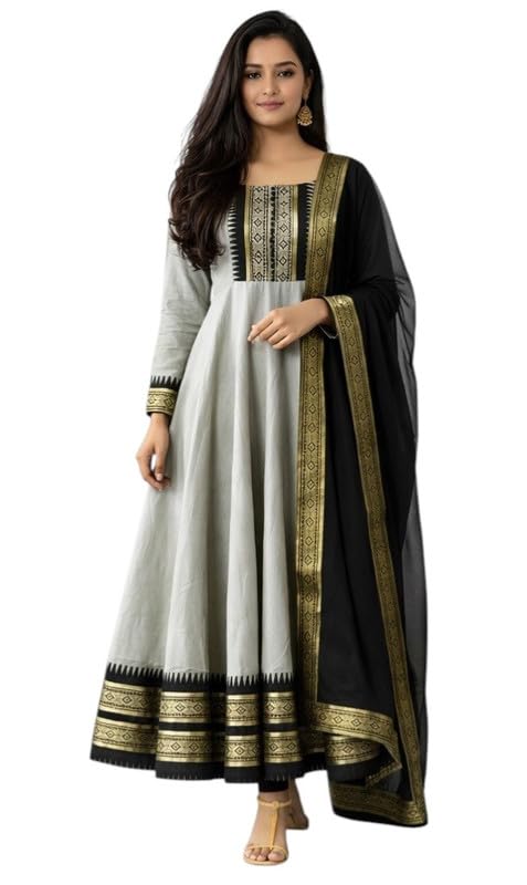 Elegants Silk Cotton Anarkali Orange Gown Set with Zari Kanchi Border & Contrast Zari Dupatta Ethnic Gown for Women
