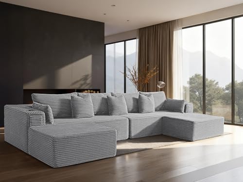 Image of 138 inch Cloud Sectional Couch, Comfort U Shaped Sofa for Living Room, Extra Deep Seats No Assembly, Minimalist Modular Couch, Corduroy (Light Grey, 6 Seats,U-Shape A)