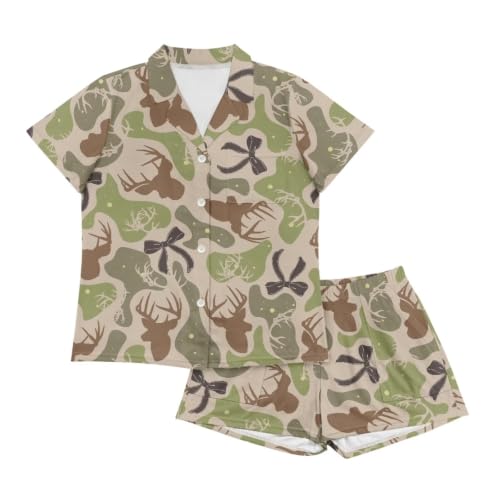 Image of Renewold Women's Short Sleeve Pajama Set Button Down Sleepwear with Notch Collar Soft Lounge Top and Shorts with Pockets