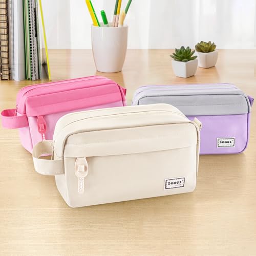 Image of Sooez Original High Capacity Pencil Case, Big Pencil Bag Pouch Box Organizer Pen Case, Aesthetic Supply for Girls Adults, Portable Journaling Supplies with Easy Grip Handle & Loop, Beige