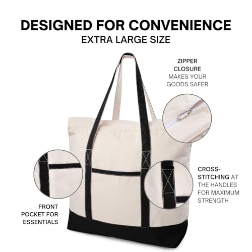 Cotton Canvas Tote Bag with an External Pocket & Top-Zipper Closure For - Gym, Beach, DIY, Work, Travel, Shopping4