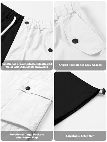 Image of Betusline Girls & Women's High Waist Wide Leg Cargo Pants Y2K Parachute Pants with Pockets and Drawstring 6 Years-Women 2XL