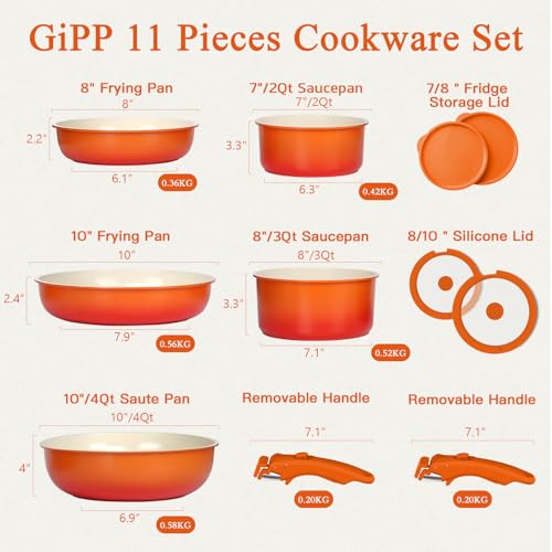 Image of GIPP 11pcs Pots and Pans Set Non Stick, Nonstick Cookware Set Detachable Handle, Ceramic Pots for Cooking Non Stick with Removable Handle, RV Cookware Set for All Stoves, Orange Gradient