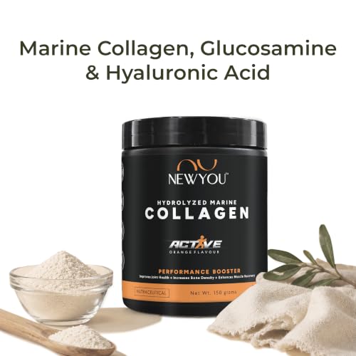 Image of NewYou Active Marine Collagen Powder for Joint & Bone Support | With Glucosamine, Hyaluronic Acid & Vitamin C | Supports Flexibility & Mobility | Orange Flavour | 150g