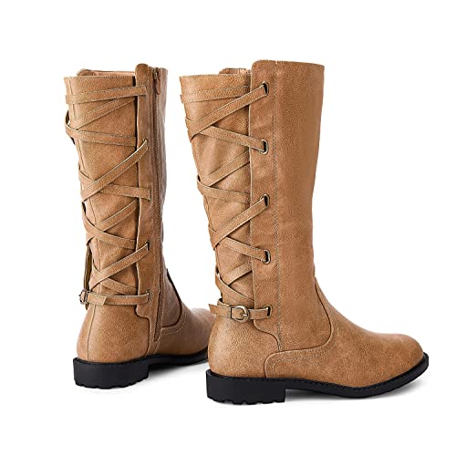 Syktkmx Girls Knee High Boots Lace Up Chunk Low Heel Side Zip Motorcycle Riding Boots With Buckle #TOP4