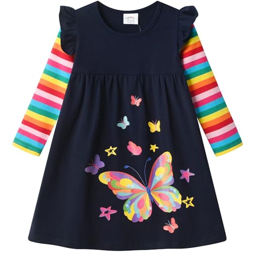 DXTON Toddler Girls Long Sleeve Dress Stripe Rainbow Ruffle Cotton Casual Tunic Shirt Fall Winter School Dress