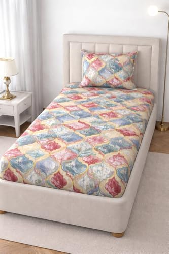 Image of Glace Cotton 220 TC Single Bedsheets Soft Breathable Fabric Elegent Design| Wrinklefree (Size-60 X 90 Inch) with 1 Pillow Covers (Size-17 X 27 Inches, Multi Shankh)