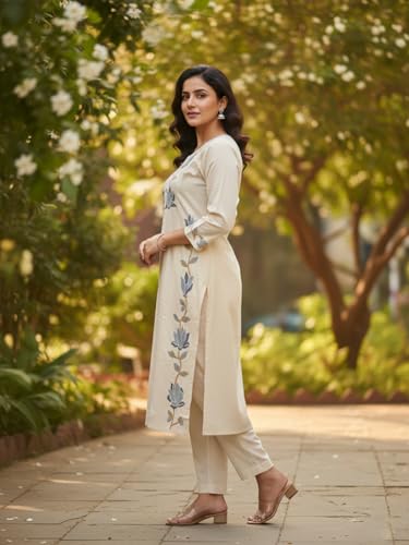 Image of Leriya Fashion Cotton Kurta Set for Women | Kurta Sets for Woman - Office Wear Kurti Set for Women Embroidery Kurti for Woman, Straight Kurtis Pant Set with 3 /4 Sleeve